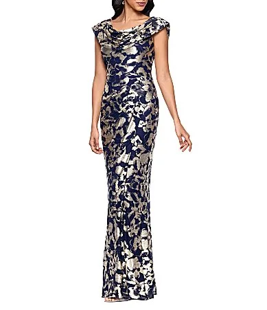 Foil Knit Drape Neck Long Dress by Betsy & Adam
