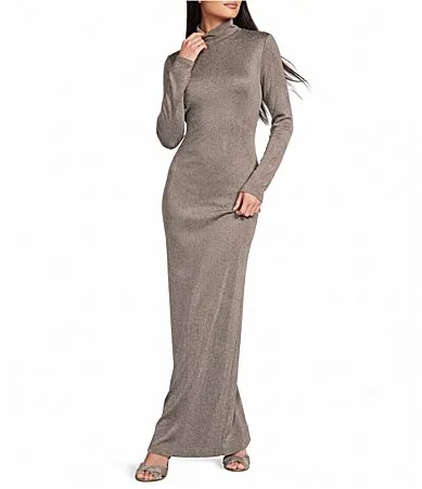 Badgley Mischka x Bracie Aston Muffie Long Sleeve Mock Neck Open Back Gown by Badgley Mischka