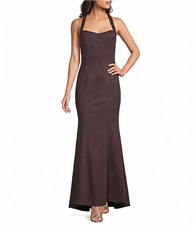 Belle by Badgley Mischka x Bracie Aston Sarah Suede T-Back Gown by Badgley Mischka