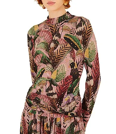 Artisanal Birds Printed Mock Neck Long Sleeve Coordinating Jersey Top by FARM Rio