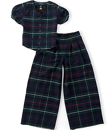 Short Sleeve V-Neck Plaid Top Matching Wide Leg Pants Set by Polo Ralph Lauren