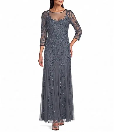3/4 Sleeve Mesh with Godets Beaded Gown by Pisarro Nights
