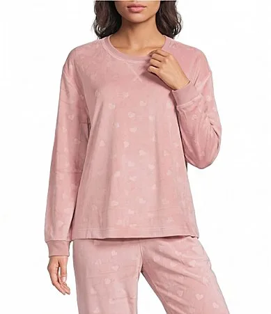 Pink Hearts Print Velour Long Sleeve Crew Neck Coordinating Sleep Top by Sleep Sense