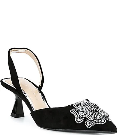 Geneva Suede Flower Ornament Slingback Pumps