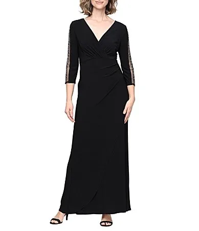 34 Beaded Illusion Sleeves Surplice Neck Empire Waist Long Matte Jersey Dress by Ignite Evenings