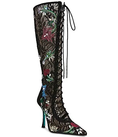 Blue by Betsey Johnson Verra Floral Mesh Lace Up Tall Boots
