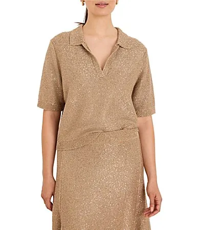 NIC + ZOE Anytime Sequin Split Collared Short Sleeve Polo Sweater by NIC + ZOE