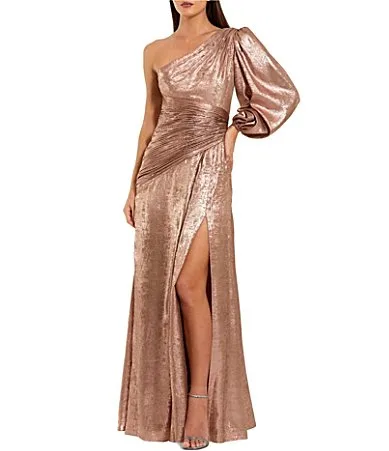Mac Duggal Metallic One Sleeve A-Line High Slit Gown