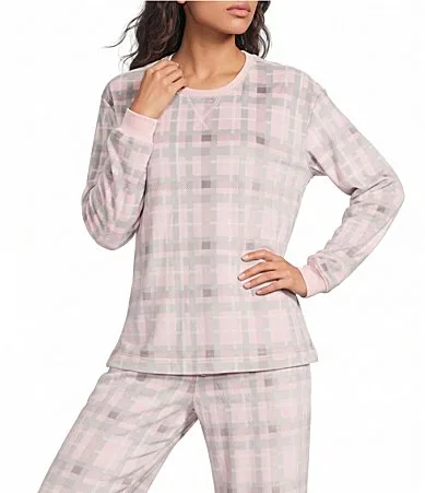 Pink Plaid Velour Long Sleeve Crew Neck Coordinating Sleep Top by Sleep Sense