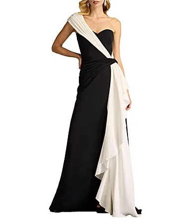One Shoulder Contrast Drape Front Crepe Sheath Gown by Tadashi