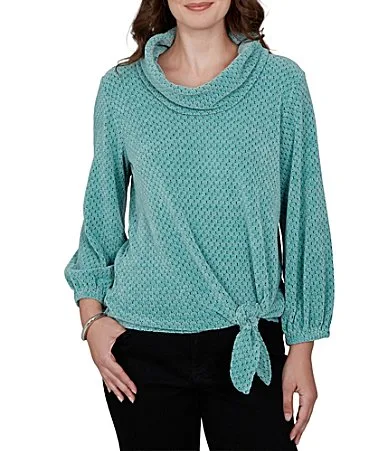 Honeycomb Chenille Knit Cowl Neck 3/4 Sleeve Side Tie Top by Ruby Rd