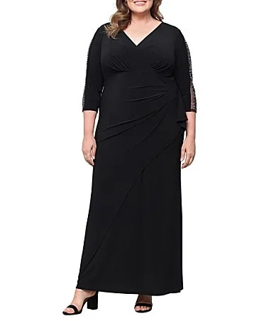 Beaded Illusion Sleeves Surplice Neck Empire Waist Long Matte Jersey Dress by Ignite Evenings