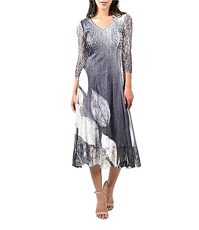 Lace Pleated Print Charmeuse V-Neck 3/4 Sleeve Midi Dress by Komarov