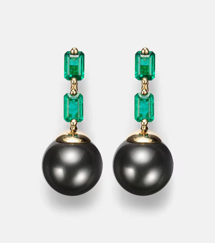 18kt Gold Drop Earrings with Pearls and Emeralds