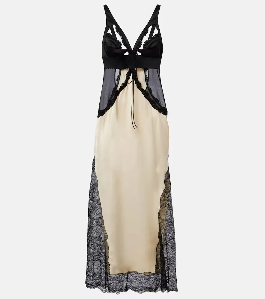 The Attico Cutout Lace-Trimmed Satin Midi Dress