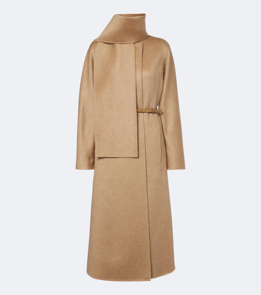 Scarf-Detail Camel Hair and Mohair Coat