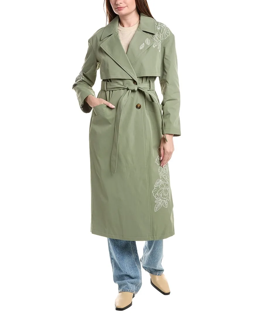Longline Embroidered Double-Breasted Belted Trench Coat