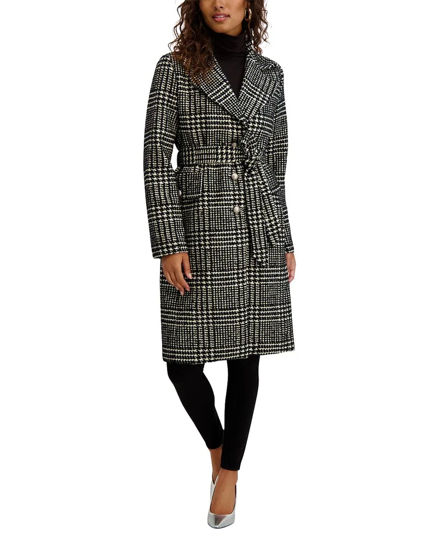 Textured Faux Wool Plaid Trench by Kensie