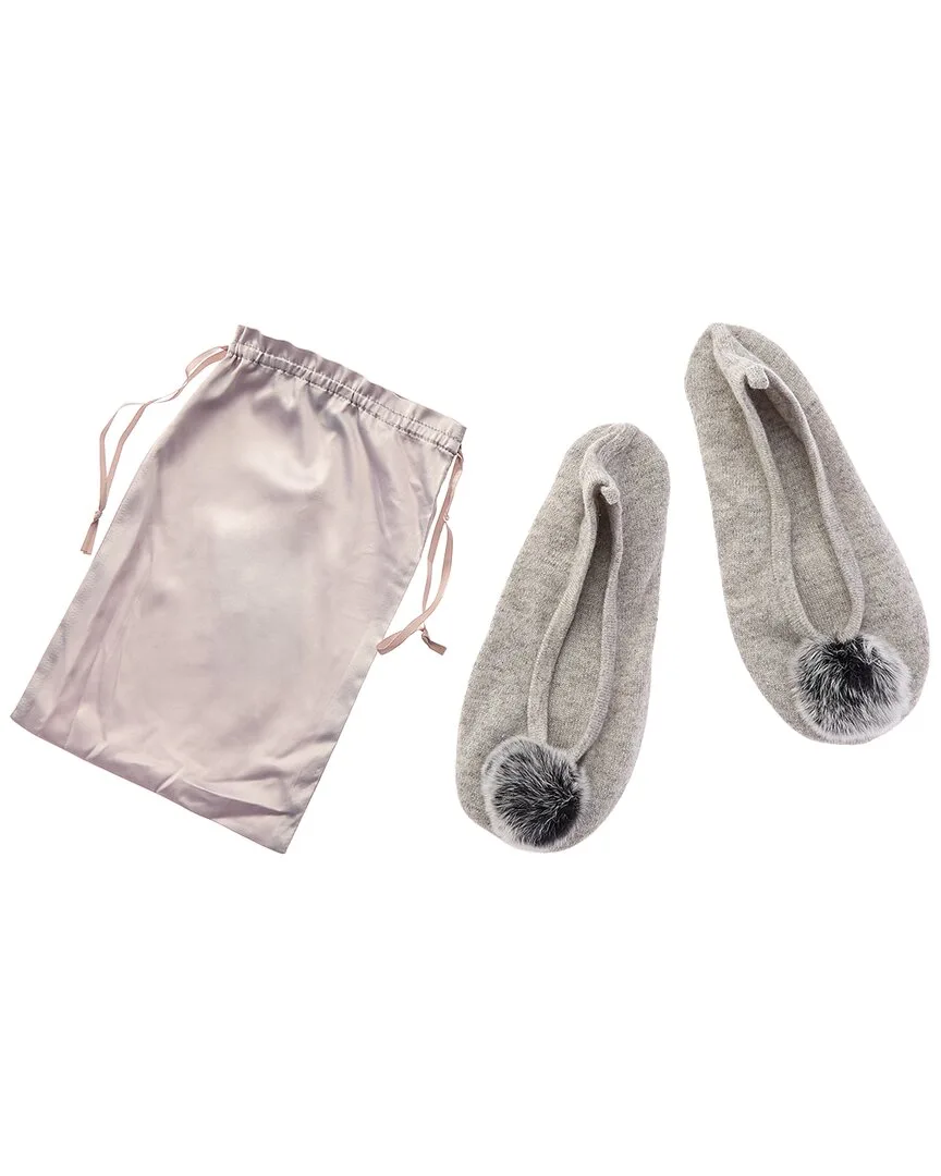 Cashmere Knitted Ballet Slipper with Fox Pom & Drawstring Pouch by Sofia Cashmere