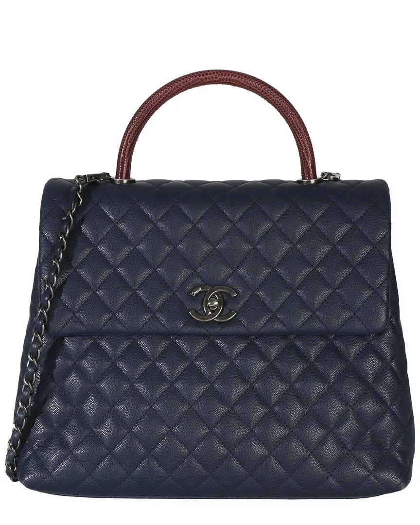 Navy Quilted Caviar Lizard Large Coco Top Handle Bag (authentic Pre-Loved) by CHANEL
