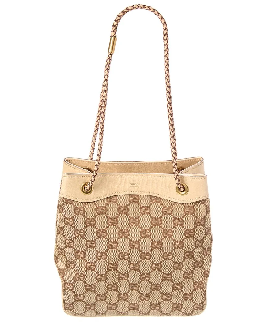 White Canvas & Leather Braided Handle Bucket Small (authentic Pre-Loved) by Gucci