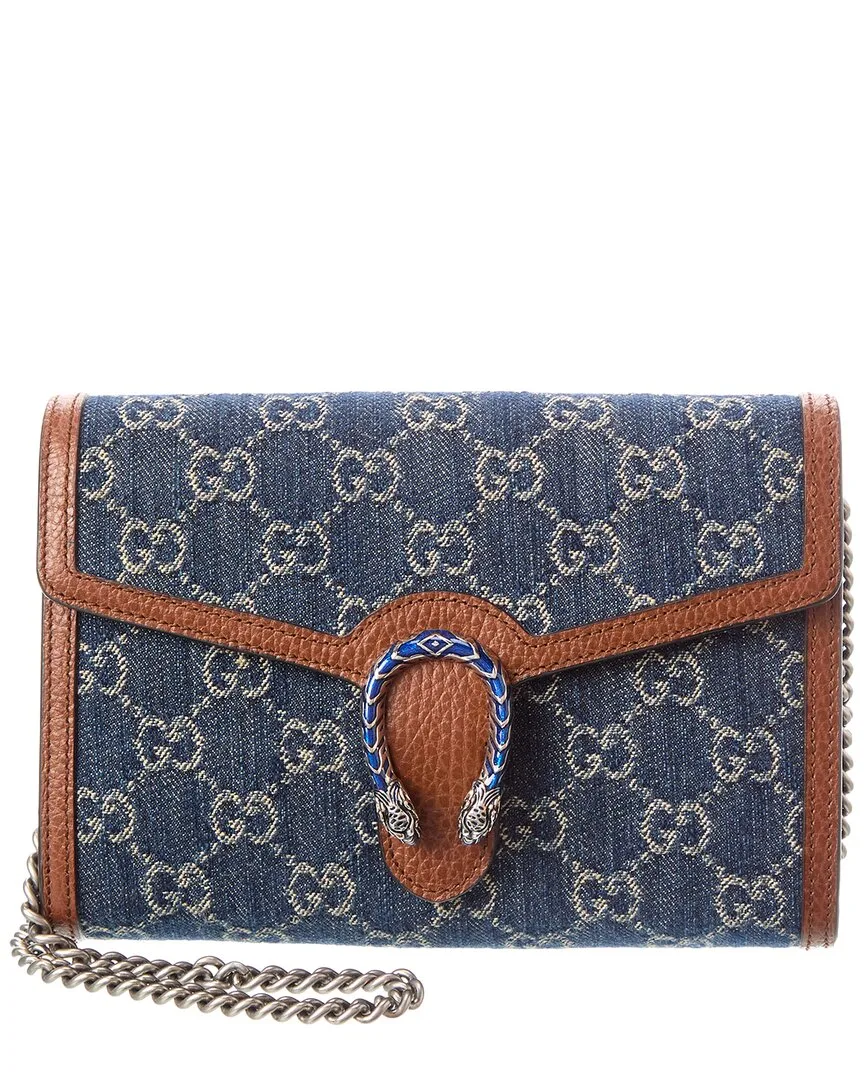 Blue Denim & Brown Leather Dionysus Wallet on Chain (authentic Pre-Loved) by Gucci