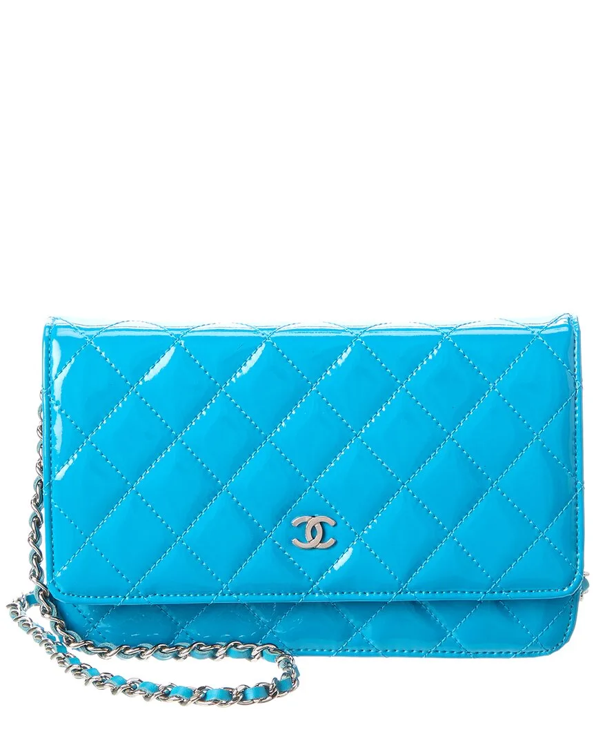 Blue Quilted Patent Leather Patent Wallet on Chain (authentic Pre-Loved) by CHANEL