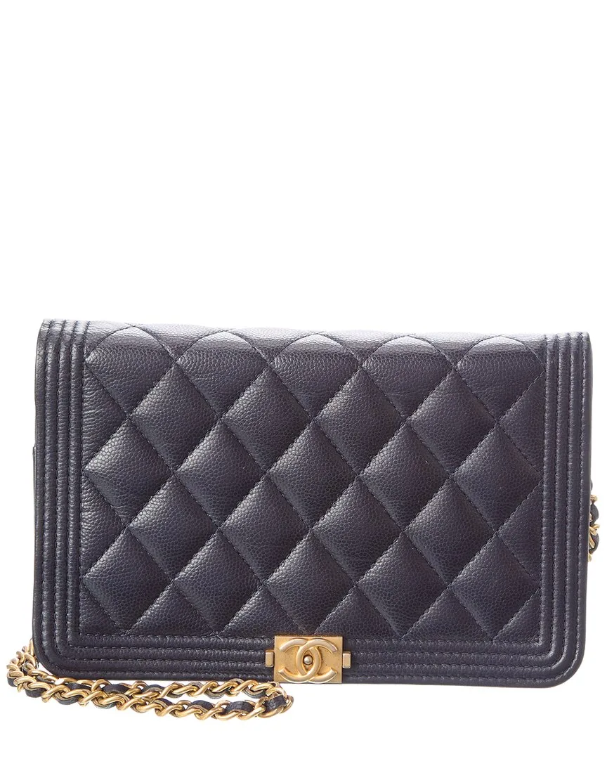 Navy Quilted Caviar Leather Boy Wallet on Chain (authentic Pre-Loved) by CHANEL