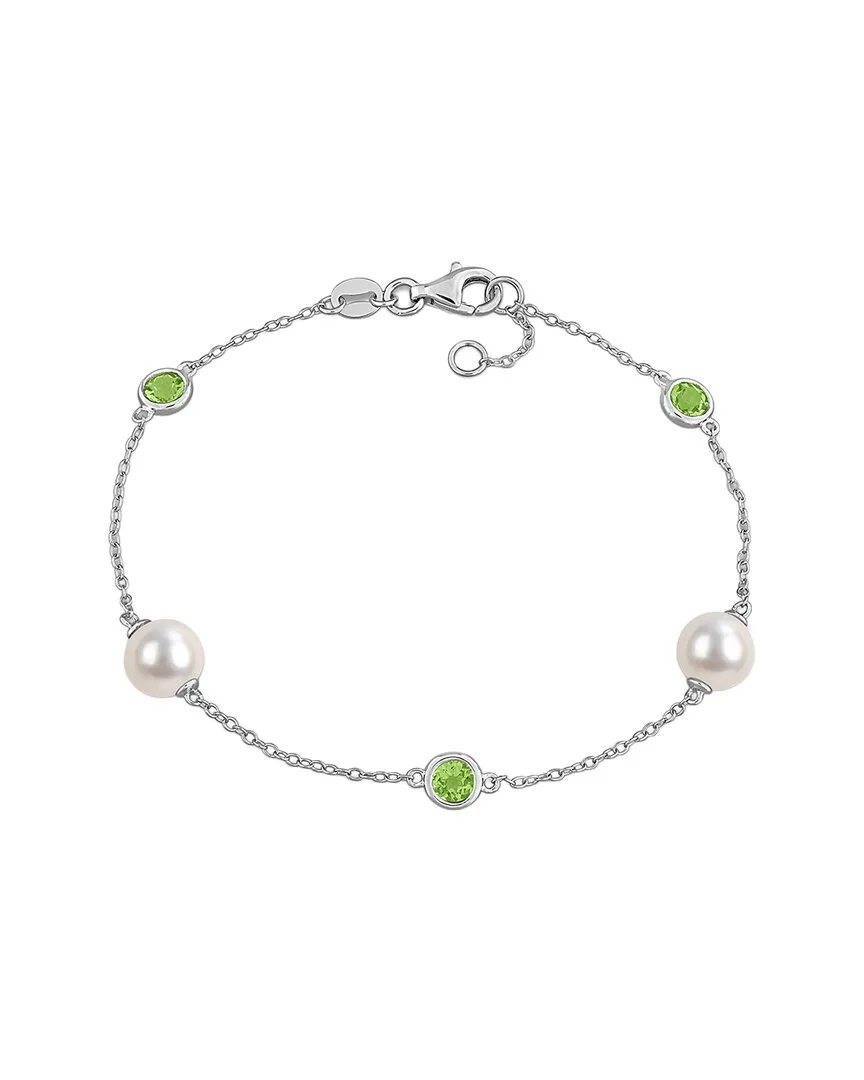 Silver 0.87 ct. tw. Peridot & 7-7.5Mm Pearl Charm Bracelet