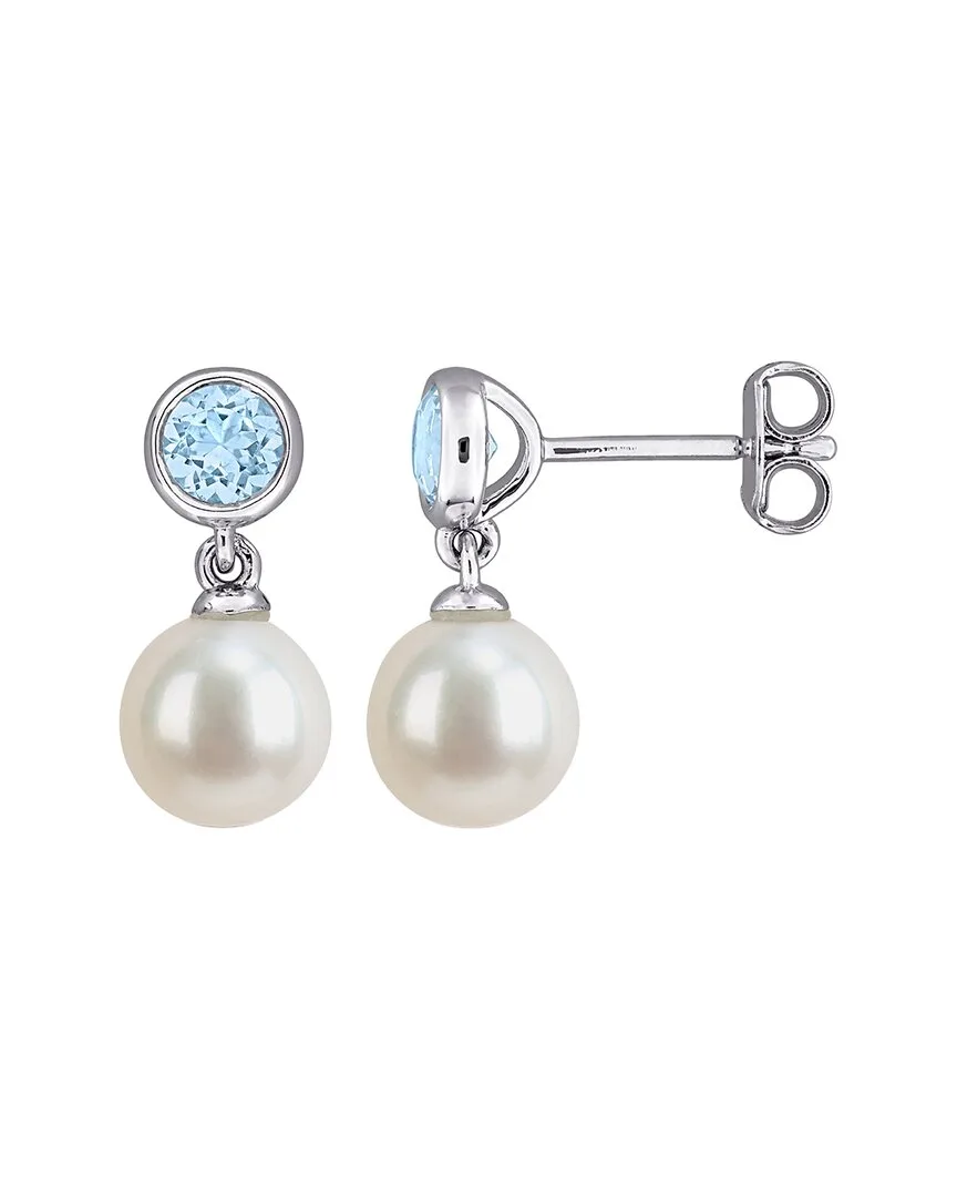 Silver 0.60 ct. tw. Sky Blue Topaz & 7-7.5Mm Pearl Stud Earrings
