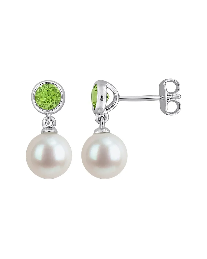 Silver 0.58 ct. tw. Peridot & 7-7.5Mm Pearl Stud Earrings