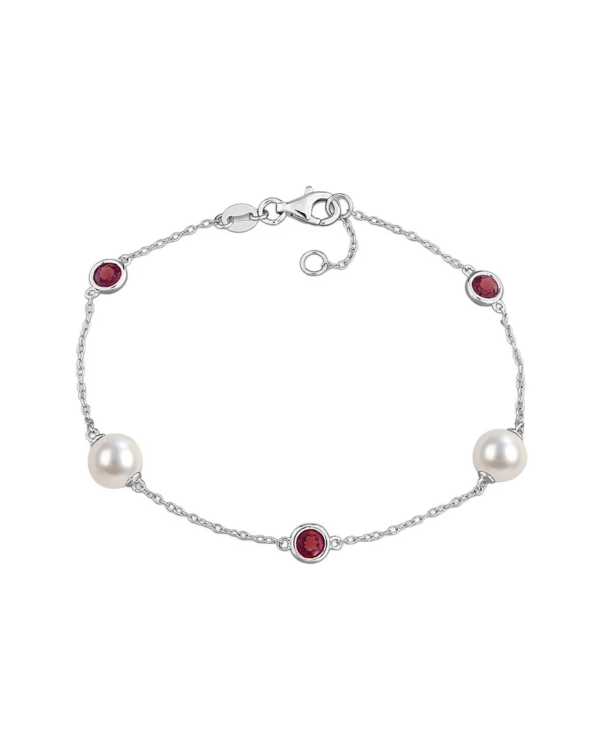 Silver 0.87 ct. tw. Garnet & 7-7.5Mm Pearl Charm Bracelet