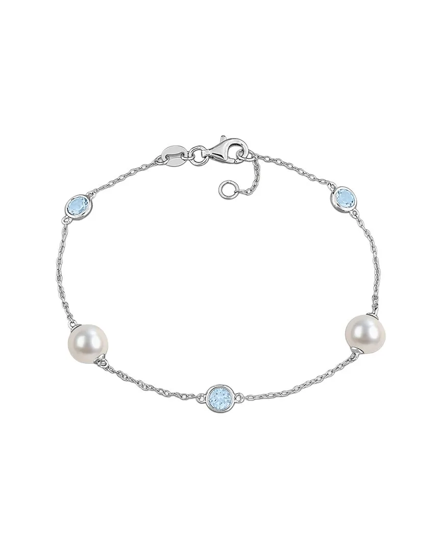 Silver 0.90 ct. tw. Sky Blue Topaz & 7-7.5Mm Pearl Charm Bracelet
