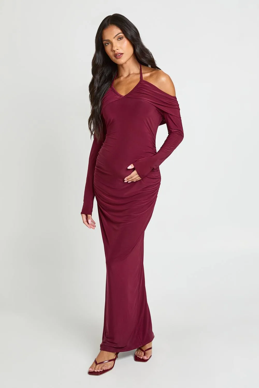 Maternity Bardot Long Sleeve Halterneck Maxi Dress by boohoo