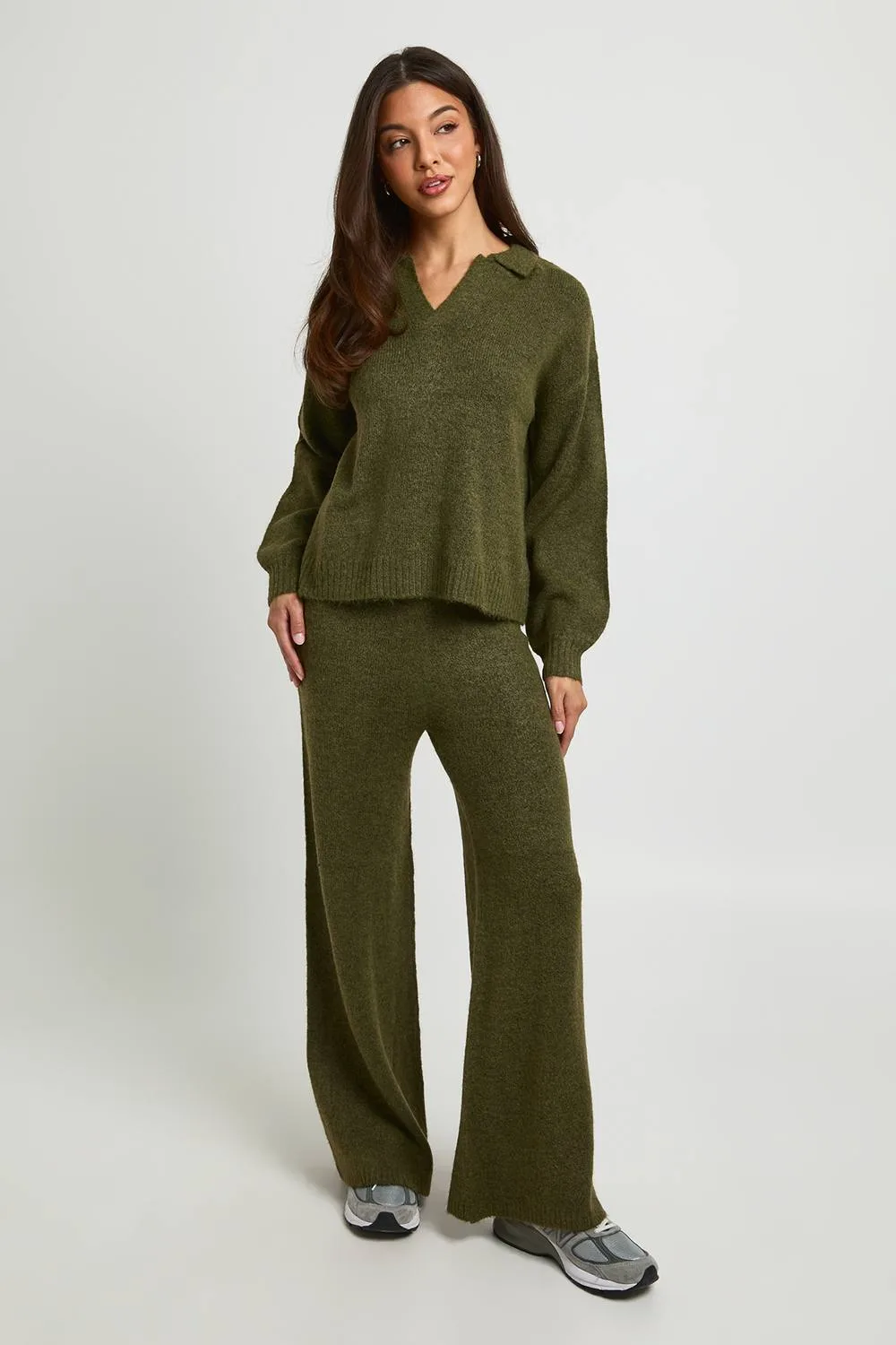 Super Soft V Neck Collared Knitted Jumper & Straight Leg Trouser Co-Ord by boohoo