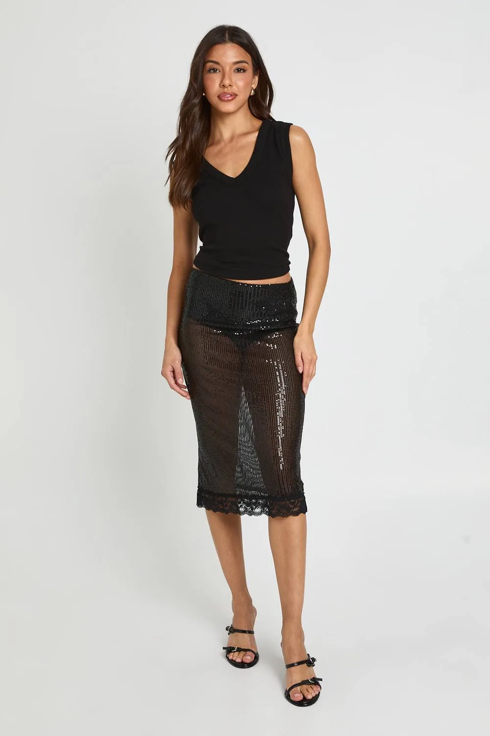 Baby Sequin Lace Hem Midi Skirt by boohoo