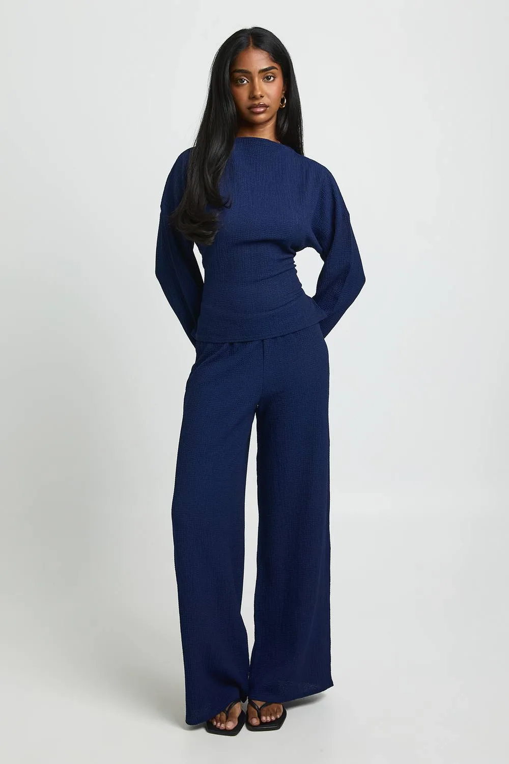 Crinkle Tie Back Long Sleeve Top Wide Leg Trouser Co Ord by boohoo