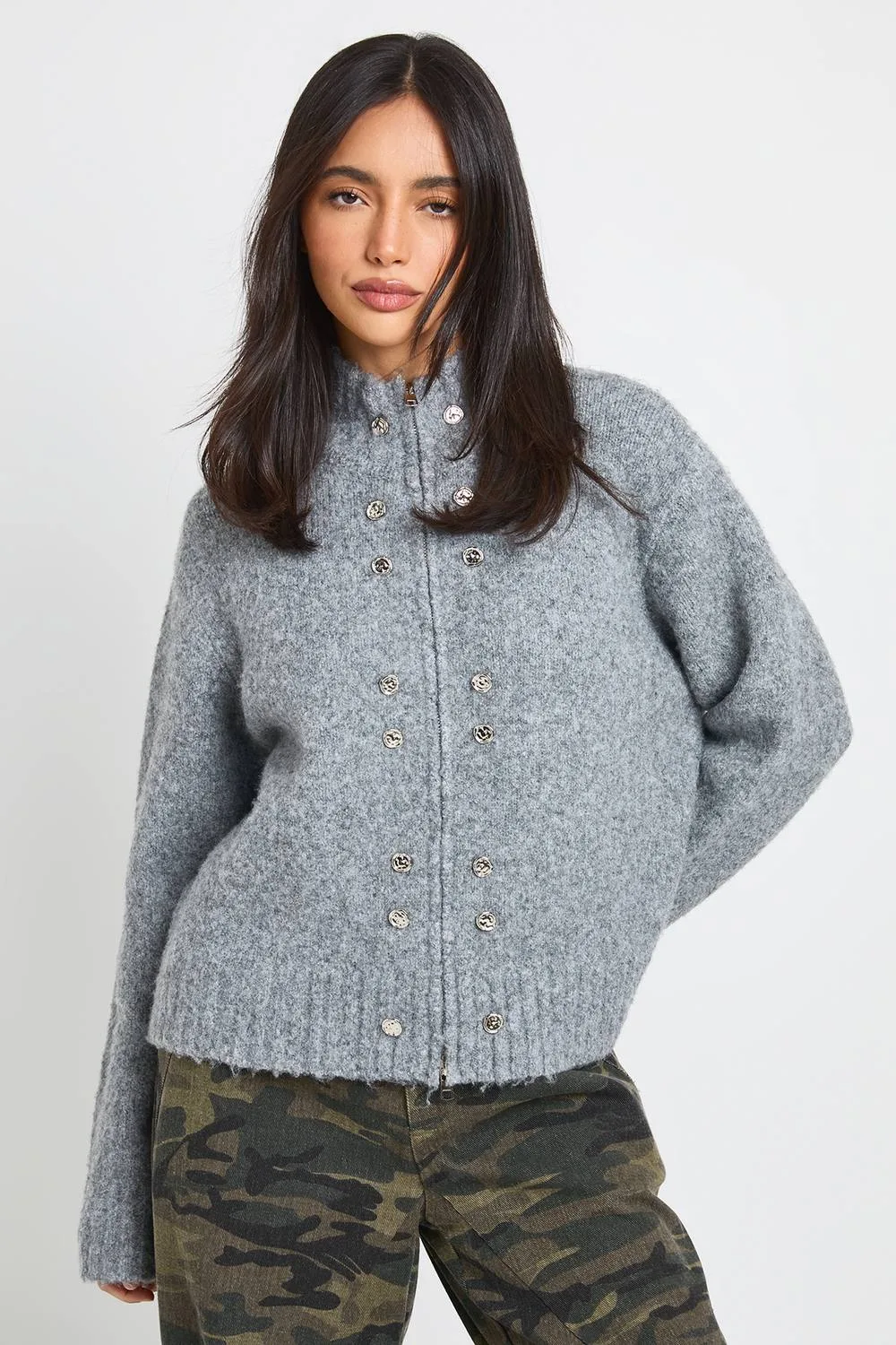 Oversized Button Detail High Neck Cardigan by boohoo