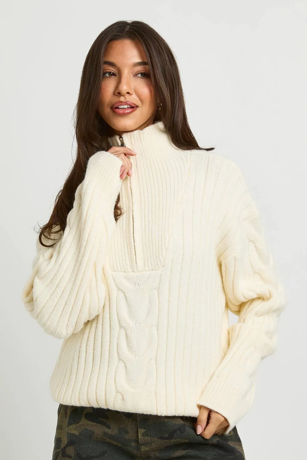 Zip Neck Chunky Cable Jumper by boohoo