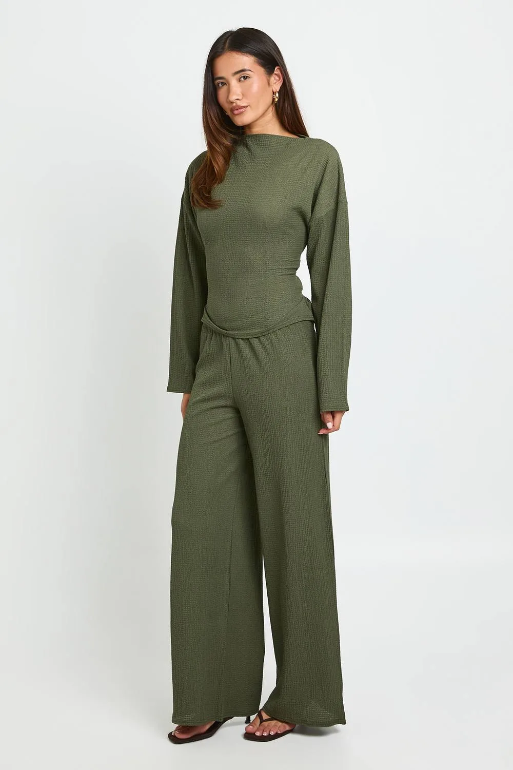 Crinkle Tie Back Long Sleeve Top Wide Leg Trouser Co Ord