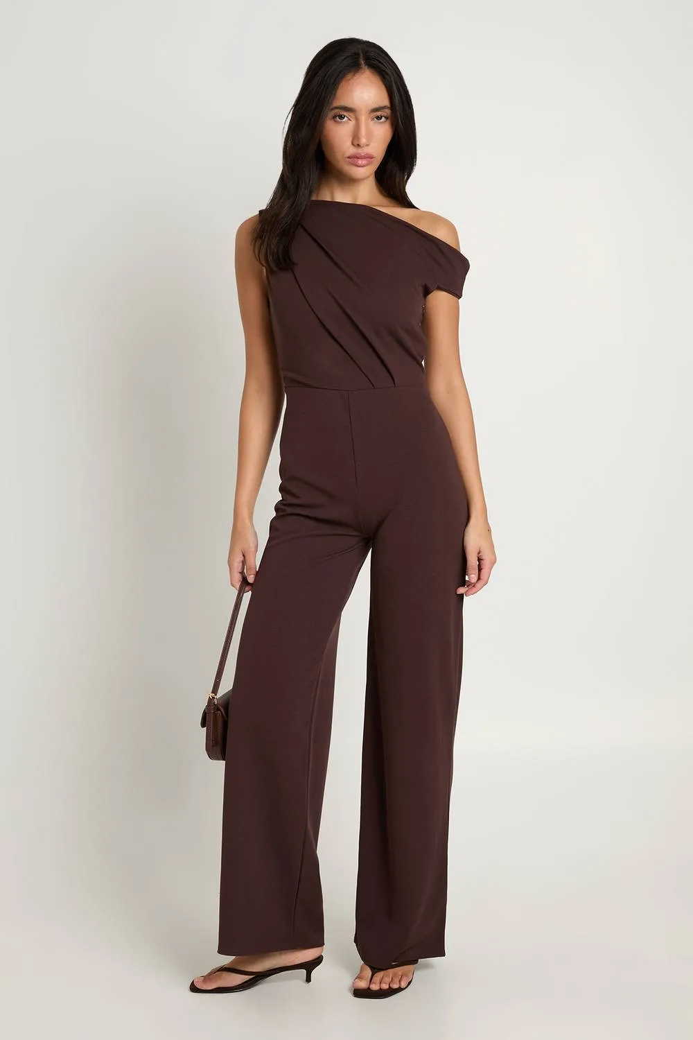 Crepe Drape Shoulder Wide Leg Jumpsuit