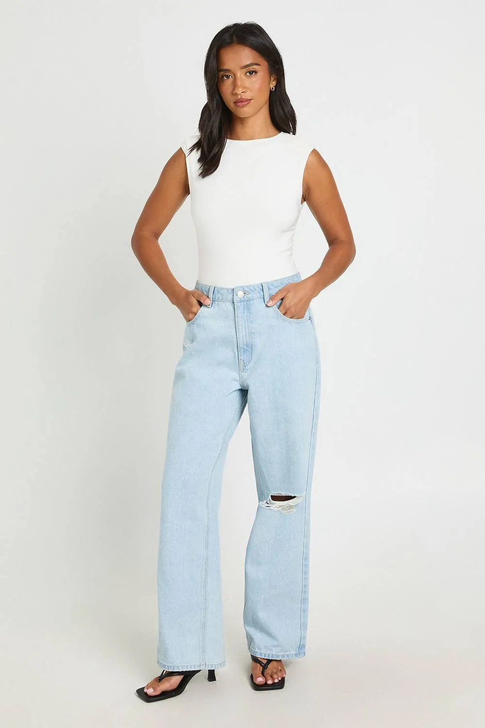Basic High Waist Ripped Straight Leg Jean by boohoo