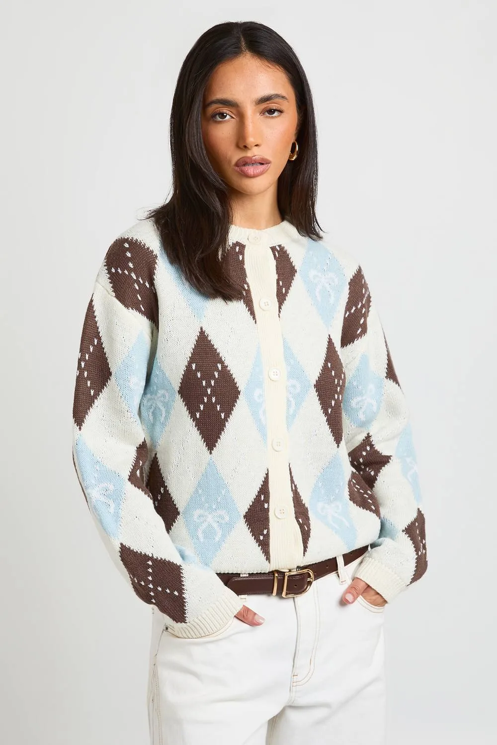 Oversized Argyle Bow Christmas Cardigan by boohoo