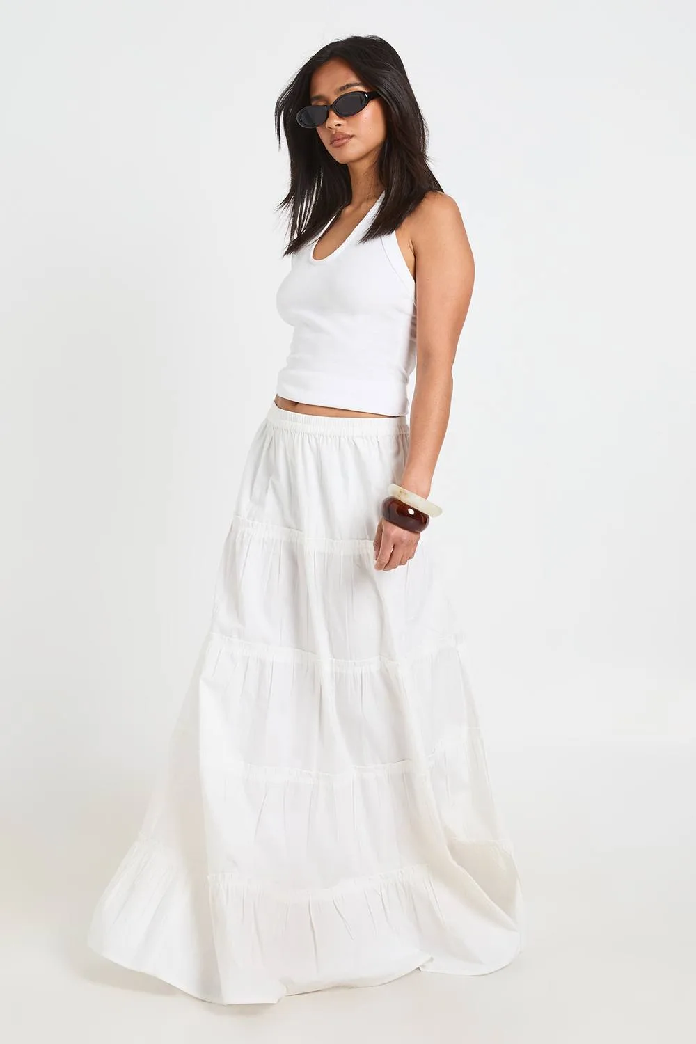 Cotton Poplin Tiered Maxi Skirt by boohoo