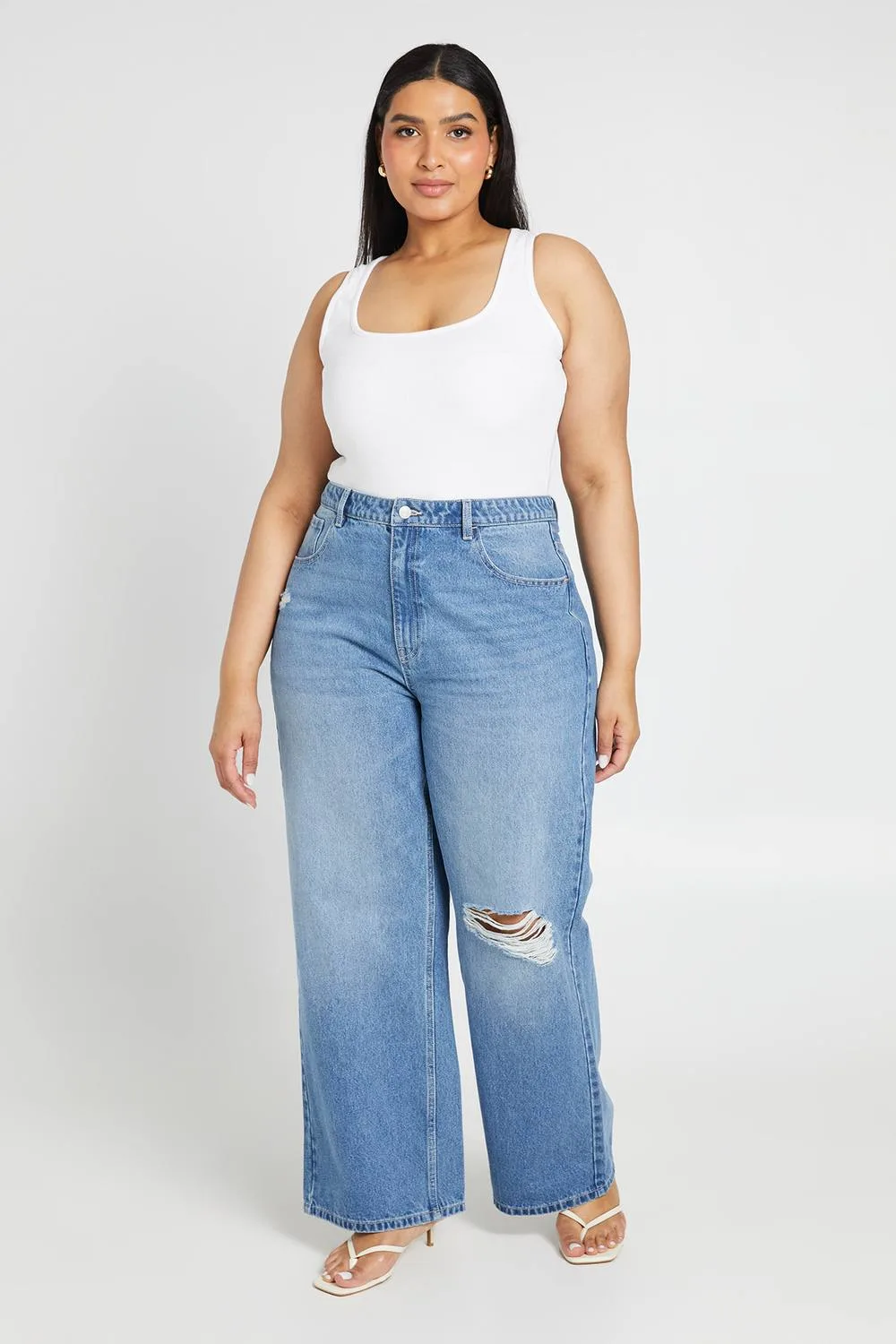 Plus Basics High Waist Ripped Straight Leg Jean