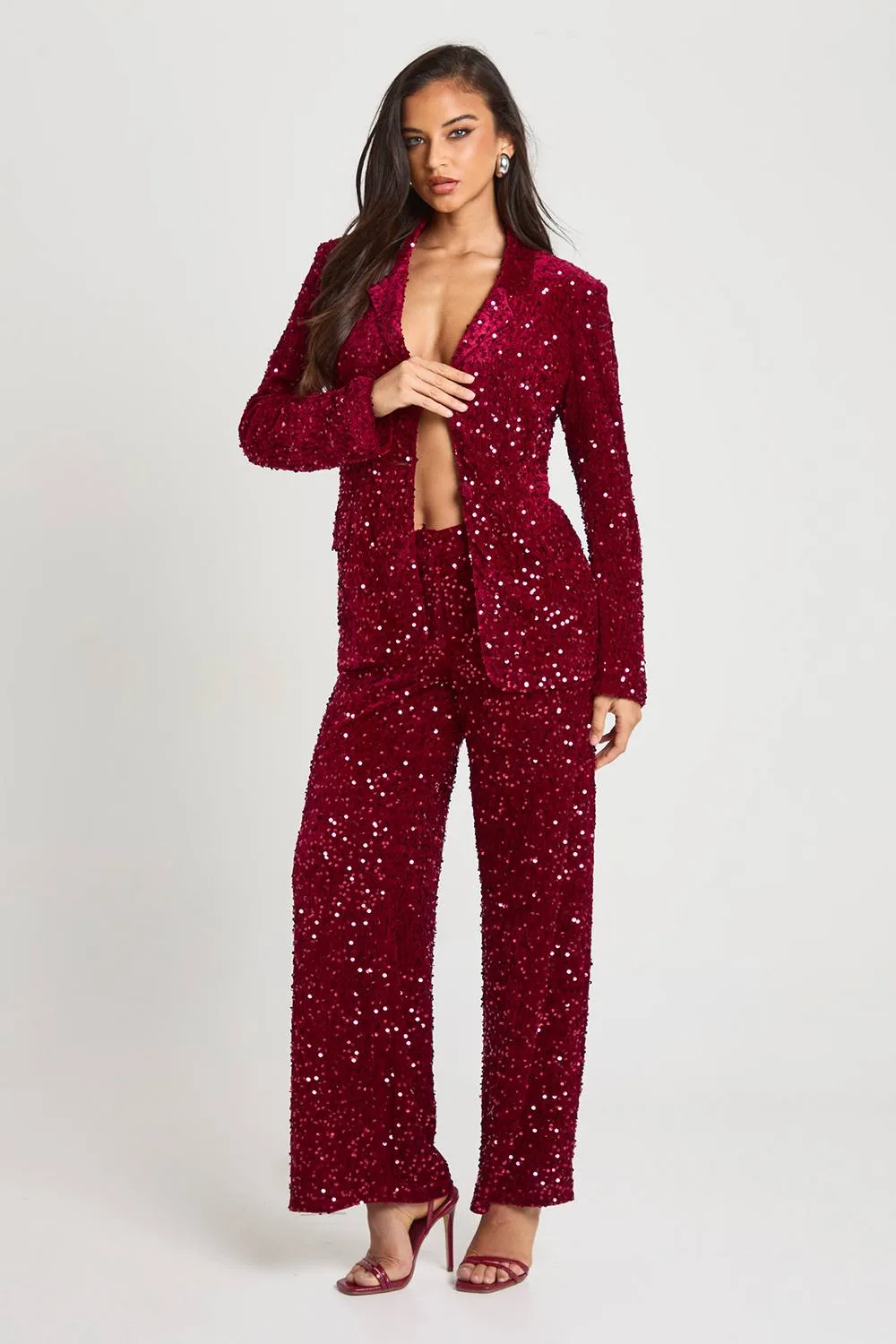 Velvet Sequin Straight Leg Trousers by boohoo