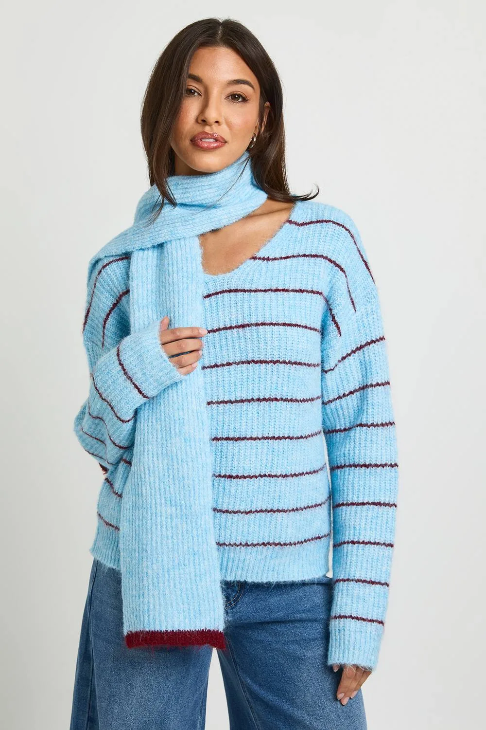Stripe Oversized Jumper & Scarf by boohoo