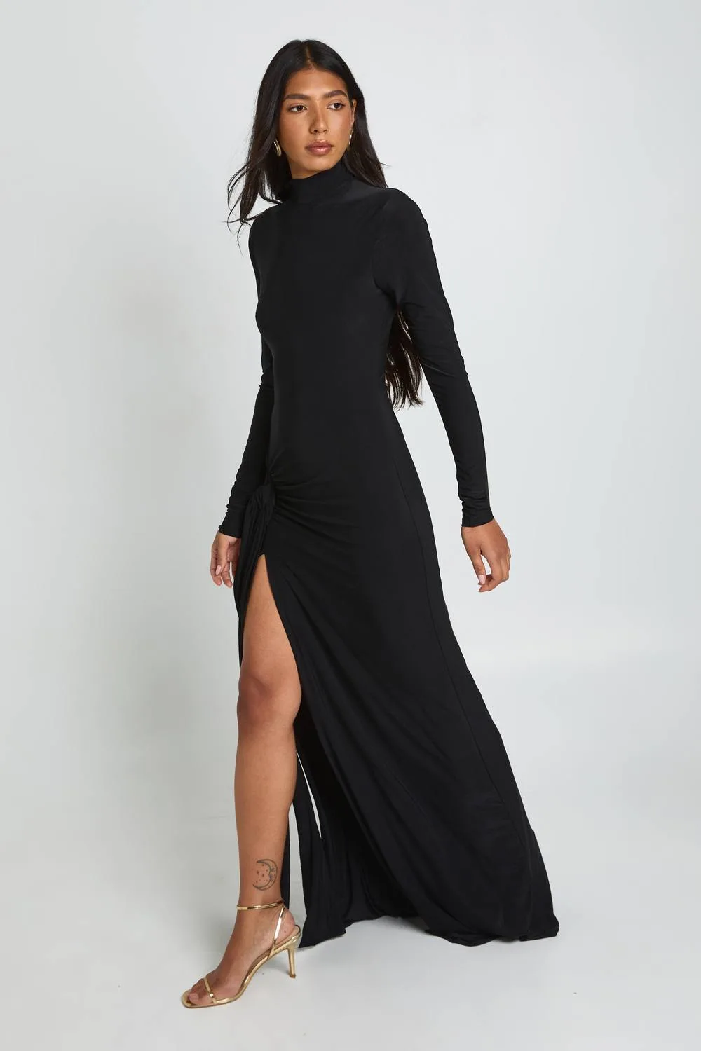 Knot Detail Long Sleeve Thigh Split Maxi Dress by boohoo