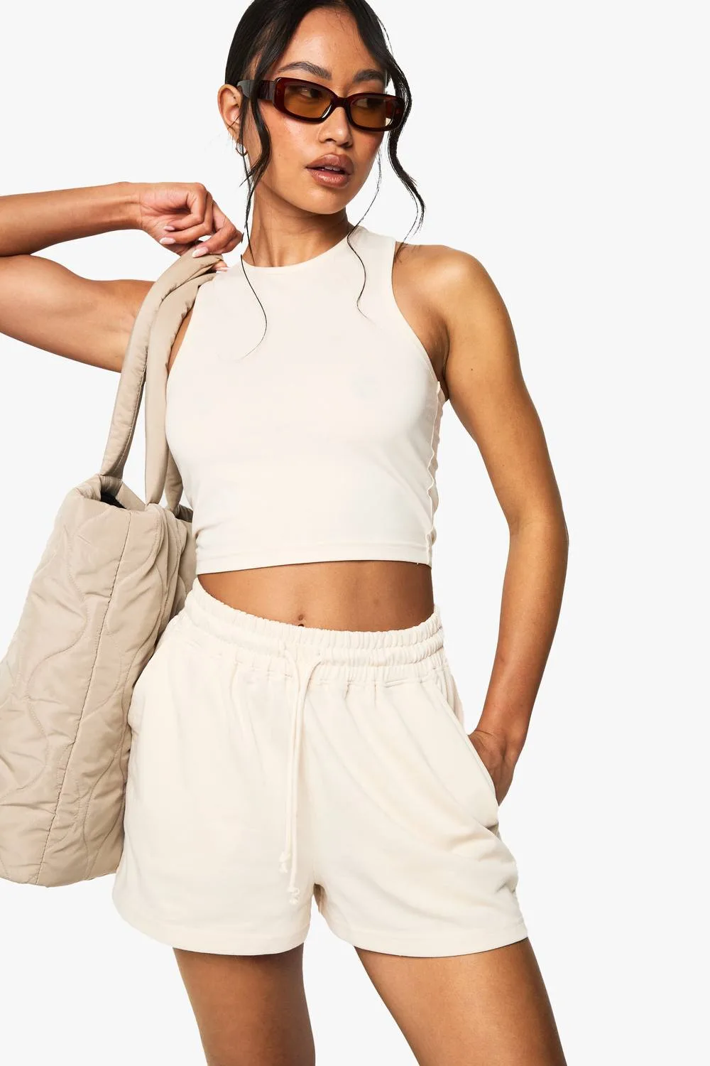 Racer Crop Top & Short Set - Stone by boohoo