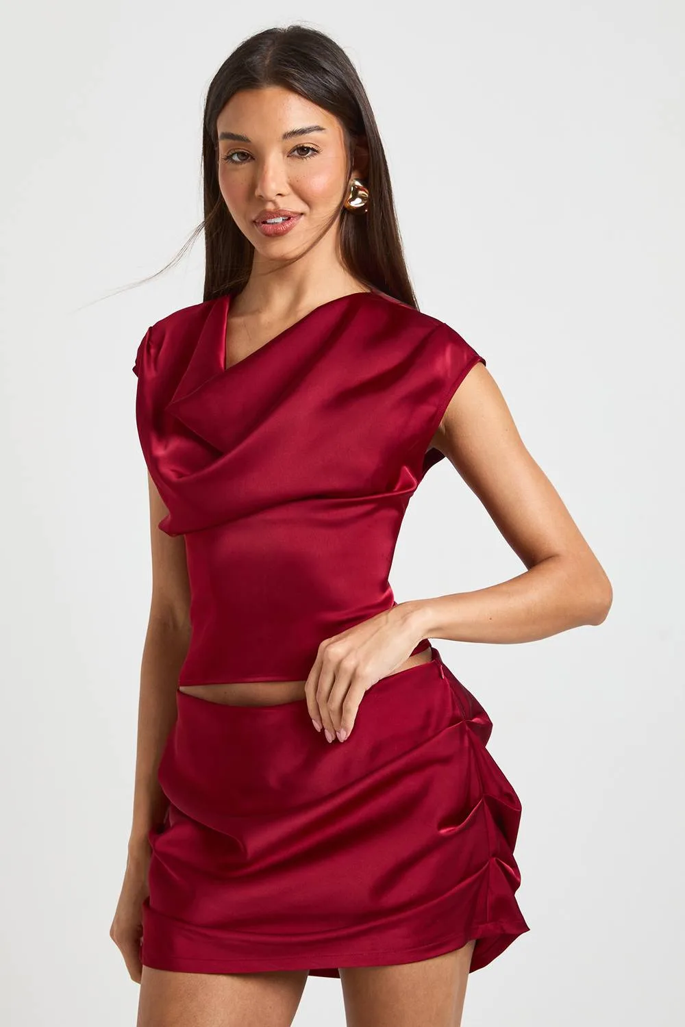 Satin Cowl Fitted Top by boohoo